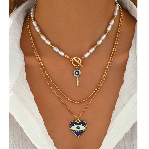 Boho Gold Tone Evil Eye Heart Faux Pearl  Multichain Necklace - Picture 1 of 3